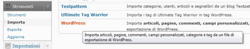 Finestra WordPress: Stumenti - Importa - WordPress